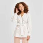 Women's Long Sleeve V-neck Tie Waist Button-down Blouse - A New Day White