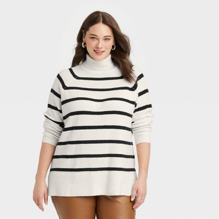 Women's Plus Size Mock Turtleneck Tunic Sweater - A New Day Cream Striped 1x, Ivory
