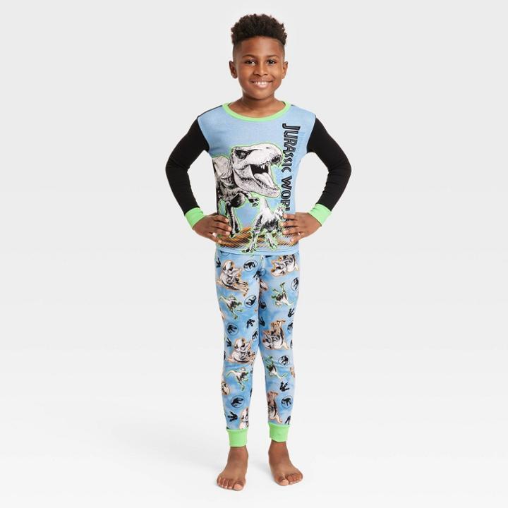 Boys' Jurassic World 2pc Snug Fit Pajama Set With Slippers - Black/blue Denim