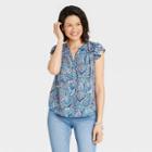 Women's Ruffle Short Sleeve Button-front Top - Knox Rose Light Blue Floral