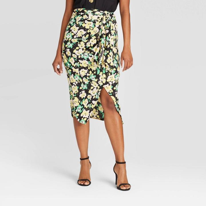 Women's Floral Print Mid-rise Faux Tie Slip Asymmetrical Midi Skirt - Who What Wear Black