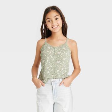 Girls' Button-down Lace Trim Tank Top - Art Class Light Green Floral
