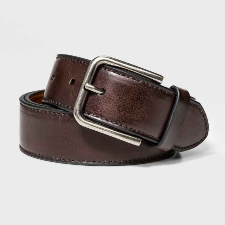 Men's 38mm Brown Edge Stitch Nickel Buckle Belt - Goodfellow & Co Brown