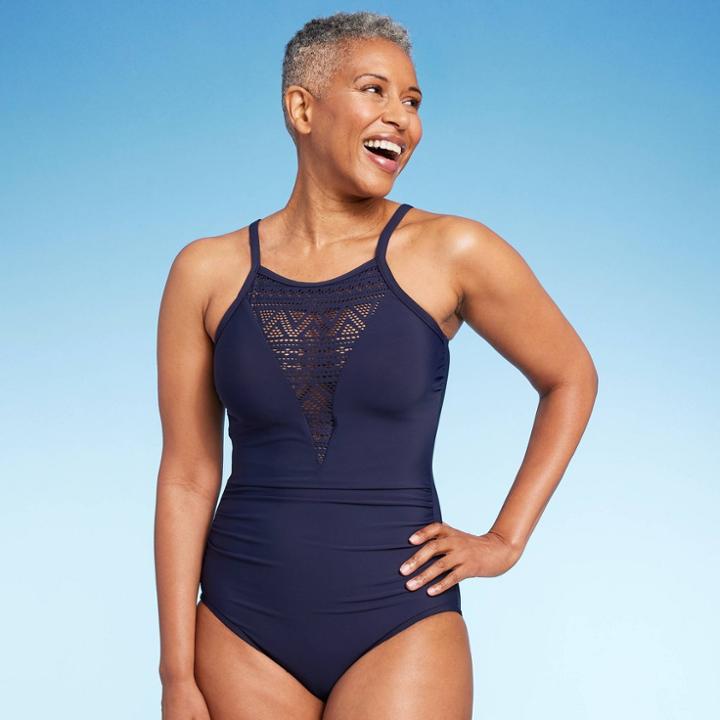 Women's Upf 50 Crochet High Neck One Piece Swimsuit - Aqua Green True Navy