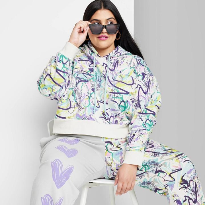 Women's Plus Size Cropped Hoodie - Wild Fable Almond/gray Graffiti