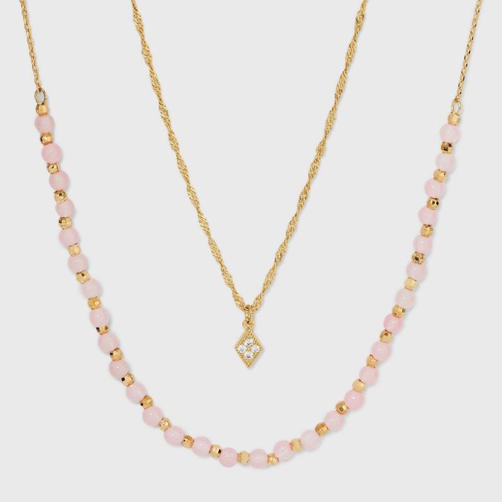 14k Gold Dipped Cubic Zirconia Rose Quartz Beaded Necklace - A New Day