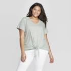 Women's Plus Size Striped Short Sleeve V-neck Tie Front T-shirt - Universal Thread Green