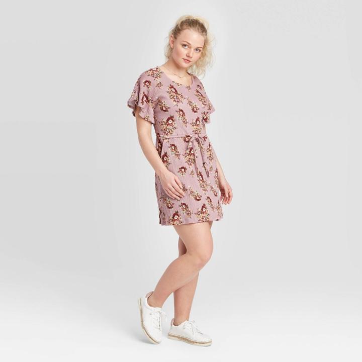 Women's Floral Print Short Sleeve Tie Waist Knit Dress - Xhilaration Mauve Xs, Women's, Pink