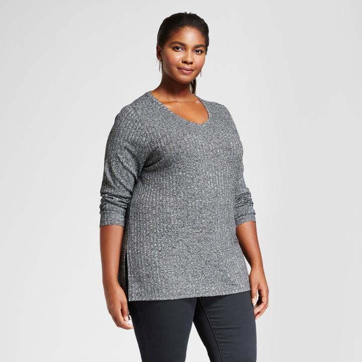 Women's Plus Size Ribbed Long Sleeve Tee - Ava & Viv Black
