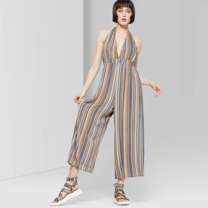 Women's Striped Sleeveless Deep V-neck Halter Jumpsuit - Wild Fable Xs, Blue Orange