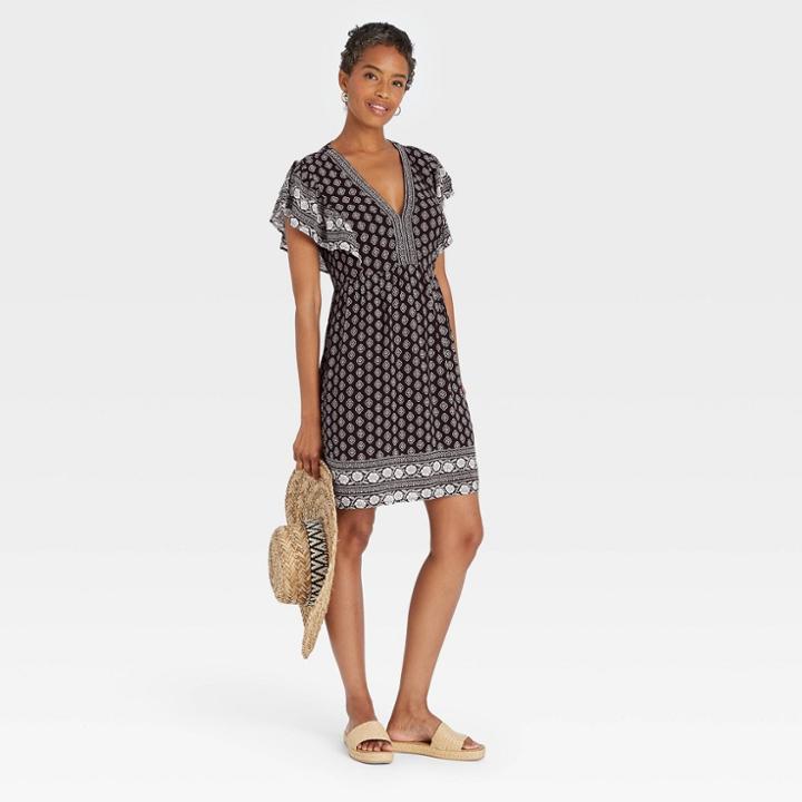 Women's Short Sleeve Shift Dress - Knox Rose Black Ikat Print