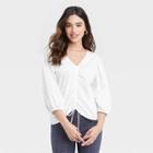 Women's Puff 3/4 Sleeve V-neck Front Ruched Top - A New Day White