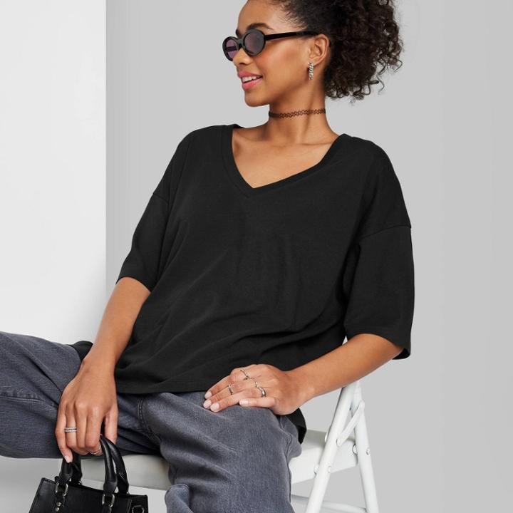 Women's Short Sleeve Relaxed Fit V-neck T-shirt - Wild Fable Black Xxs