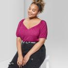 Women's Plus Size Short Sleeve Puff Sleeve V-neck Cropped Polka Dot Woven Top - Wild Fable Fuchsia