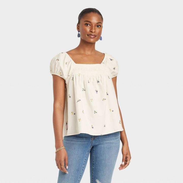Women's Puff Cap Sleeve Top - Universal Thread Cream Floral Xs, Ivory Floral