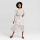 Women's Floral Print Long Sleeve Crewneck Tiered Midi Dress - A New Day Cream Xs, Women's, Ivory