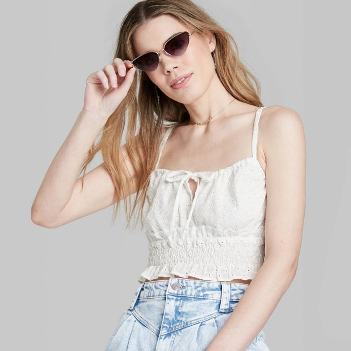 Women's Tie-front Smocked Flutter Hem Tank Top - Wild Fable White Eyelet