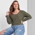 Women's Plus Size Long Sleeve Cozy Henley T-shirt - Wild Fable Olive Green