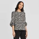 Women's Floral Print Balloon Long Sleeve Round Neck Blouse - Who What Wear Black