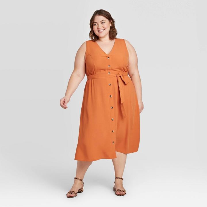 Women's Plus Size Sleeveless V-neck Button-front Dress - Ava & Viv Orange X, Women's
