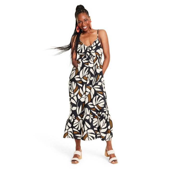 Women's Neutral Botanical Print Sleeveless Tie-front Midi Dress - Tabitha Brown For Target Black Xxs