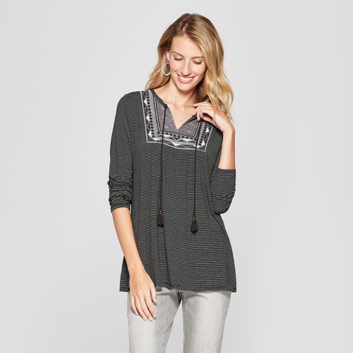 Women's Striped Long Sleeve Embroidered Yoke Detail Top - Knox Rose Black