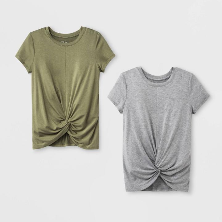 Girls' Short Sleeve Twist Front 2pk T-shirt - Art Class Olive/gray