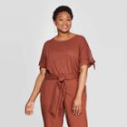 Women's Plus Size Tie Short Sleeve Round Neck Linen T-shirt - Ava & Viv Brown