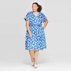 Women's Plus Size Floral Print Short Sleeve V-neck Capri Wrap Dress - Who What Wear Blue/white