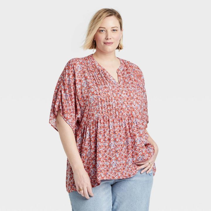 Women's Plus Size Short Sleeve Henley Blouse - Knox Rose Red Floral