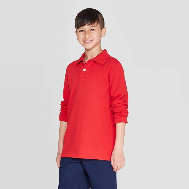 Boys' Long Sleeve Interlock Uniform Polo Shirt - Cat & Jack Red M, Boy's,