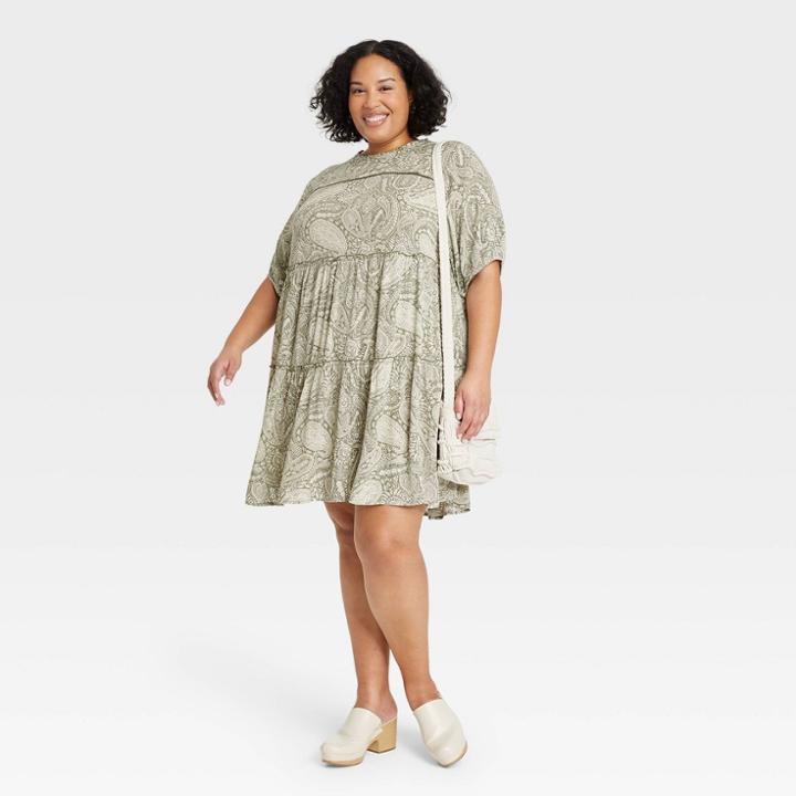 Women's Plus Size Elbow Sleeve Tiered Dress - Knox Rose Olive Green Paisley Print