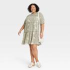 Women's Plus Size Elbow Sleeve Tiered Dress - Knox Rose Olive Green Paisley Print