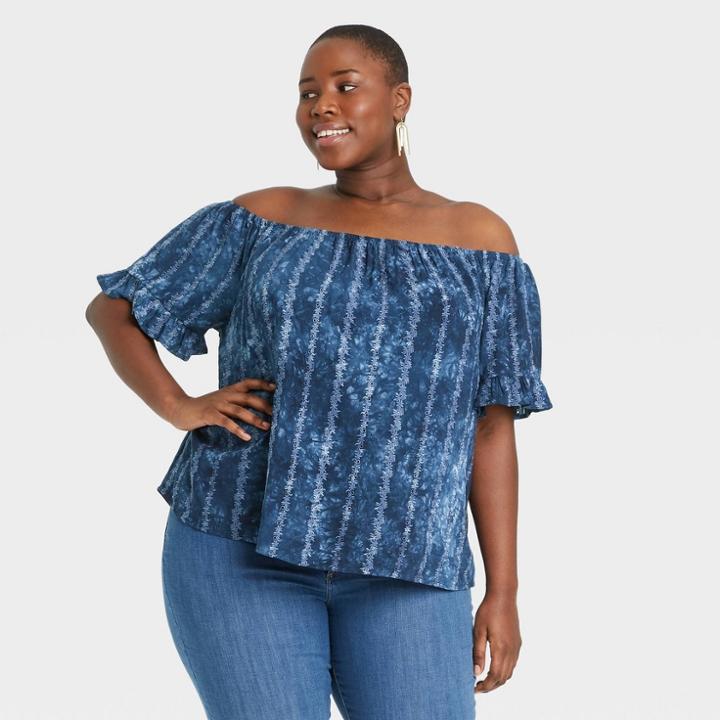 Women's Plus Size Tie-dye Short Sleeve Off The Shoulder Eyelet Top - Knox Rose Navy
