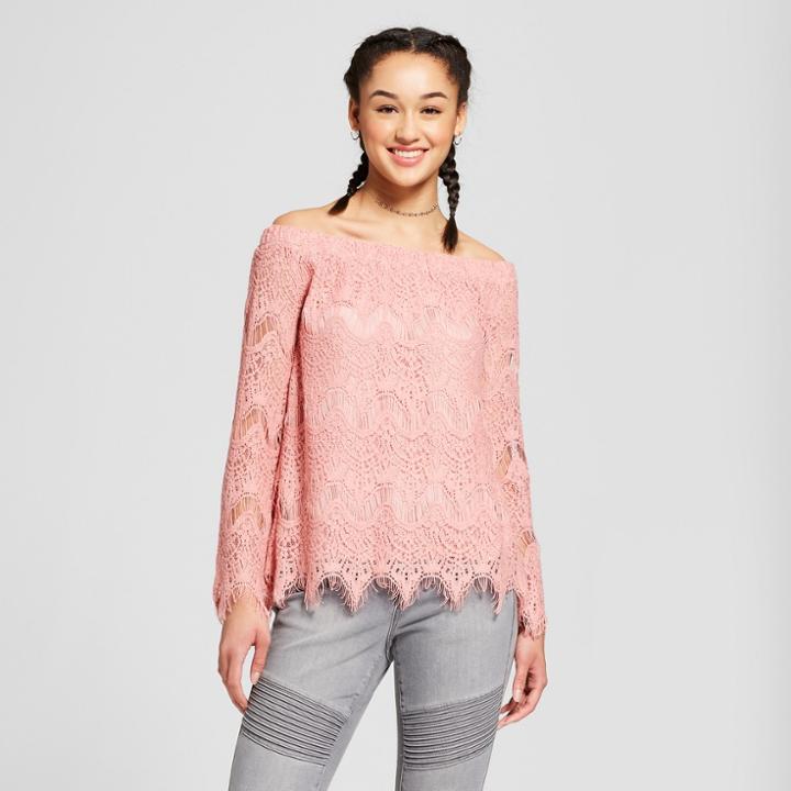 Women's Crochet Scallop Hem Off The Shoulder Long Sleeve Blouse - Miss Chievous (juniors') Pink