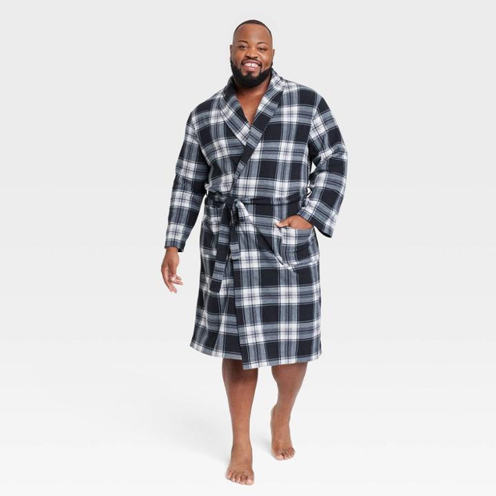 Men's Big & Tall Plaid Microfleece Robe - Goodfellow & Co Black