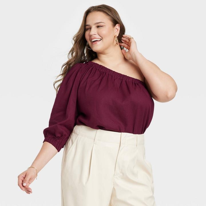 Women's Plus Size Puff Long Sleeve One Shoulder Top - A New Day Burgundy