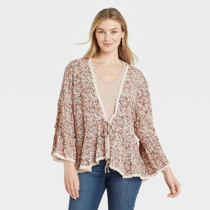 Women's Floral Print Tie-front Kimono Jacket - Knox Rose Pink