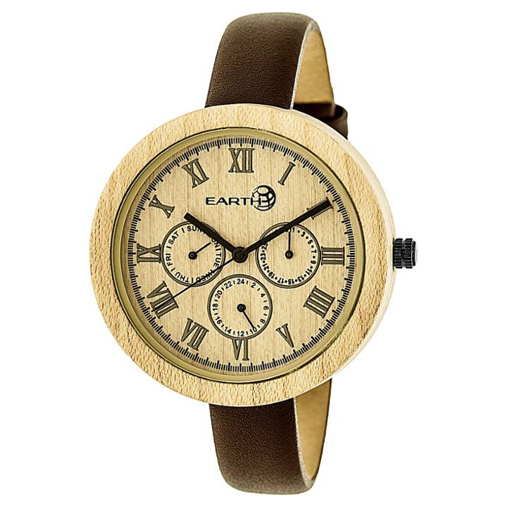 Earth Wood Women's Brush Multi - Function Leather Strap Watch - Brown/wood