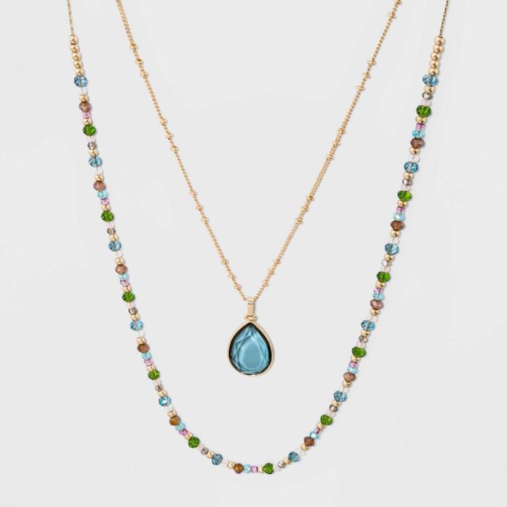 Two Row Teardrop And Multi Beaded Station Necklace - A New Day Blue, Women's,