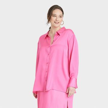 Women's Plus Size Long Sleeve Oversized Satin Button-down Shirt - A New Day Pink