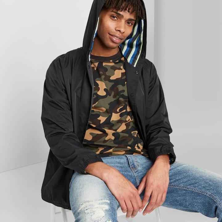 Men's Hooded Coaches Windbreaker Jacket - Original Use Black
