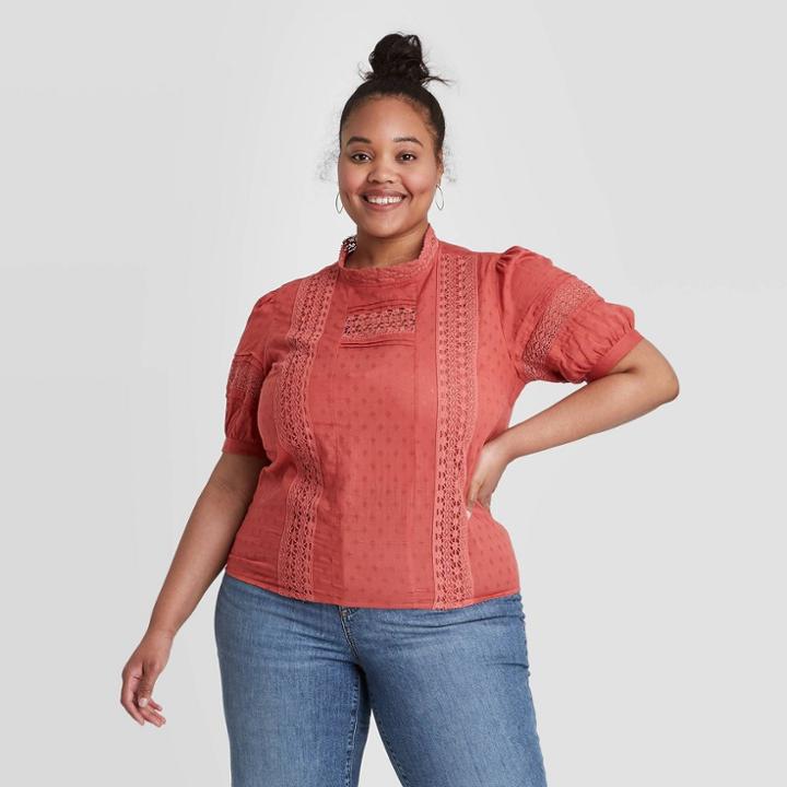 Women's Plus Size Puff Elbow Sleeve Eyelet Blouse - Universal Thread Pink