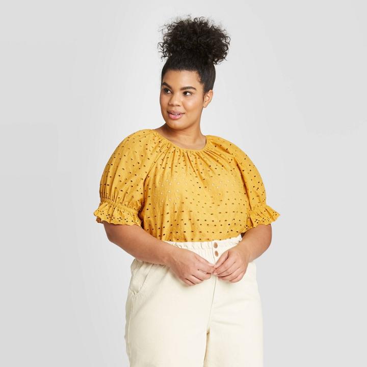 Women's Plus Size Short Sleeve Eyelet Top - Universal Thread Gold 1x, Women's,