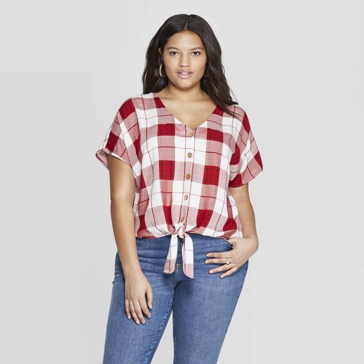Women's Plus Size Plaid Short Sleeve V-neck Tie Front Top - Universal Thread Red