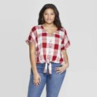 Women's Plus Size Plaid Short Sleeve V-neck Tie Front Top - Universal Thread Red