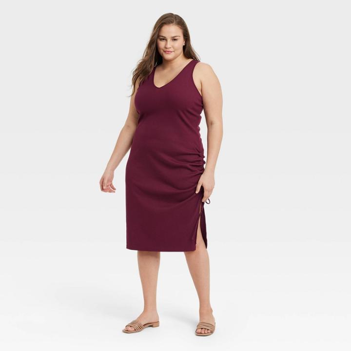 Women's Plus Size Sleeveless Ruched Knit Dress - A New Day Burgundy