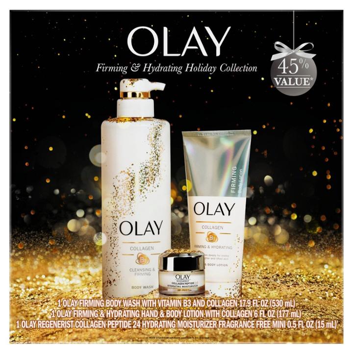 Olay Gift Set With Firming & Cleansing Body Wash, Firming Body Lotion And Facial Skin Moisturizer With Collagen Peptide