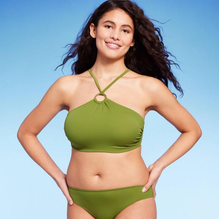 Women's Ring Front Halter Bralette Bikini Top - Shade & Shore Olive Green D/dd Cup