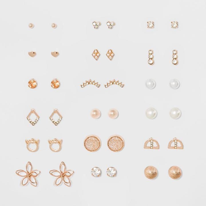 Target Eighteen Piece Multi With Wire Flower, Cat, Stone And Simulated Pearl Earring Set - Rose Gold
